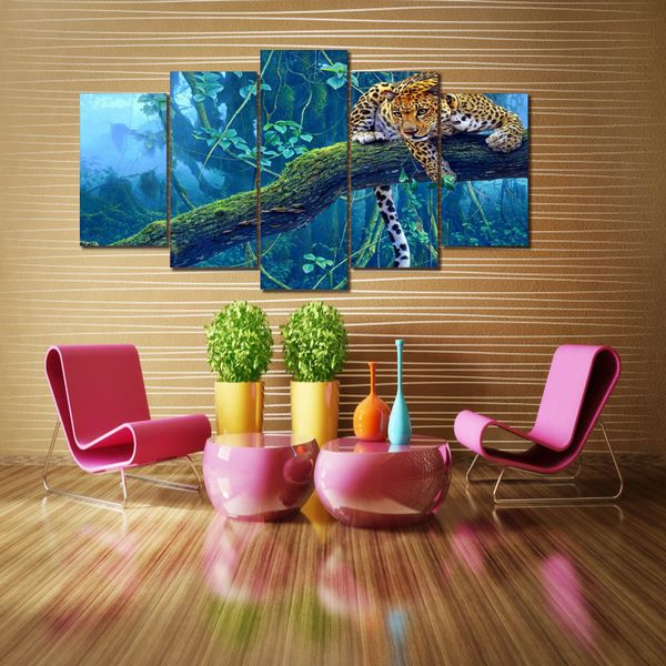 

5 piece hd jungle leopard painting canvas room decor print poster picture canvas(no frame)