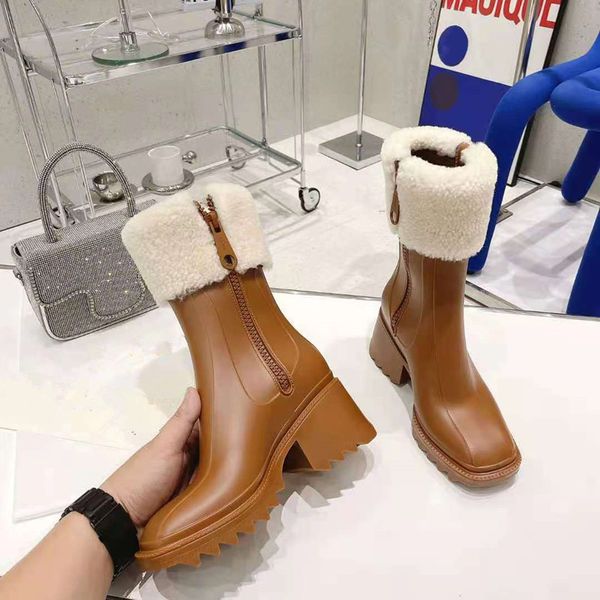 Wool abertura marrom mulheres pvc chuva botas de pé quadrado bloco calcanhar curto tornozelo bota quente vendendo plataforma de borracha outono inverno sapatos
