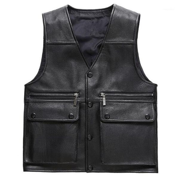 

men's vests men black genuine leather motorcycle biker waistcoat male sleeveless jacket for, Black;white
