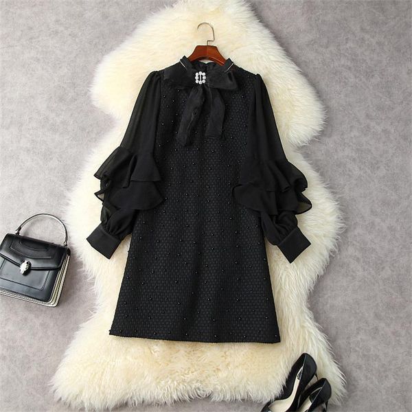 

casual dresses 2021 fashion women's autumn winter ruffles sleeves bowknot beading tweed woolen dress loose waist black vestidos female, Black;gray