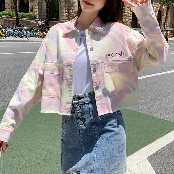 

women's jackets 2021 spring autumn denim jacket tie-dye long sleeve streetwear casual short slim jeans coat fashion outerwear, Black;brown