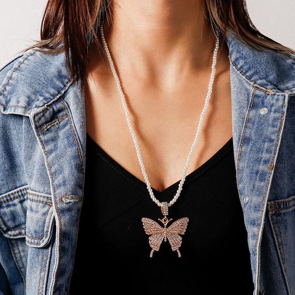 

pendant necklaces fashion crystal butterfly pendants necklace for women jewelry imitation pearl long chain girls party gift, Silver