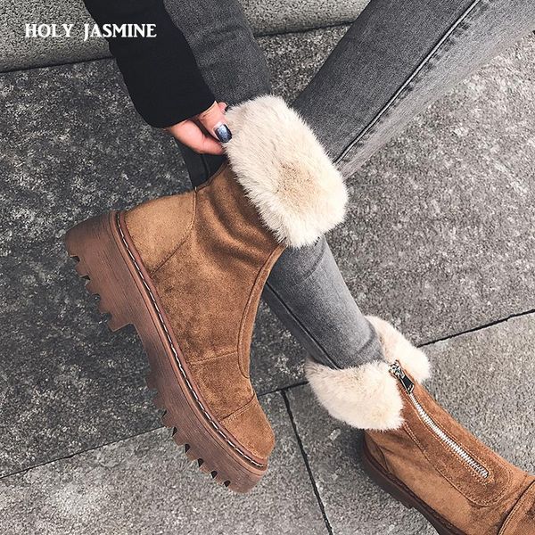 

boots winter women short plush ankle zip suede botas shoes 2021 warm ladies mujer platform woman, Black