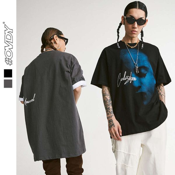 

wxwovdy men's 2021 spring and summer fashion brand t-shirt dark casual half face printing loose round neck short sleeve wear, White