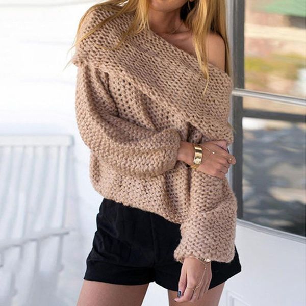 

women's sweaters sweater women solid off shoulder knitted pullover winter clothes lantern sleeve fashion 2021Â knitwear coffee pink, White;black
