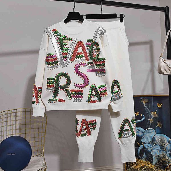 

pant fashion white knitted tracksuit set women handwork letter sequin sweater pencil pants two piece outfits female loose knit 2pcs