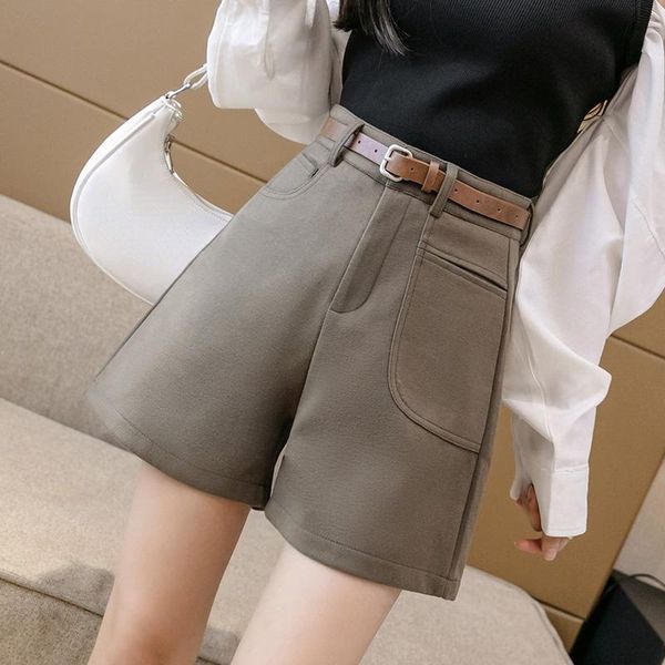 

women's shorts 2021 autumn winter women wool fashion high waist pocket wide-leg female casual woolen with belt, White;black