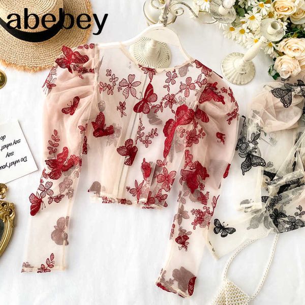 

women flower and butterfly embroidery 3d see through mesh blouse vintage elegant puff sleeve sheer with back zipper female 210715, White