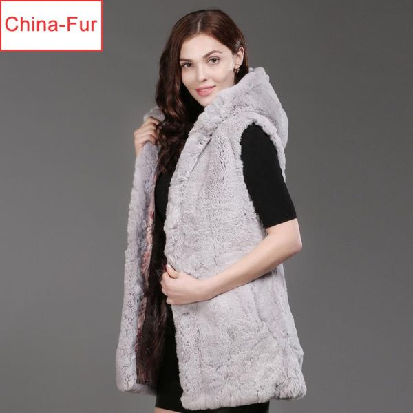 

women's fur & faux good quality winter women real rex hooded vest warm gilet long style waistcoat coat, Black