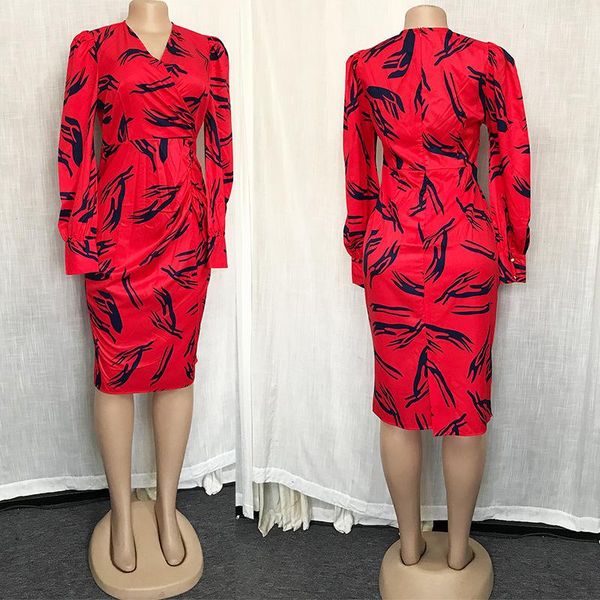 

women printed dress bodycon long sleeve elastic high waist v neck elegant office ladies classy work wear female vestidos african ethnic clot, Red