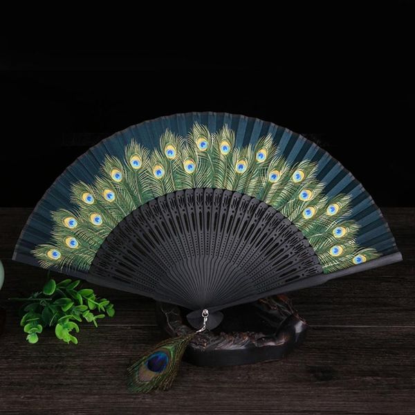 

other home decor chinese style peacock patterned hand fans vintage imitation silk handheld folding fan with bamboo frame for dancing party g