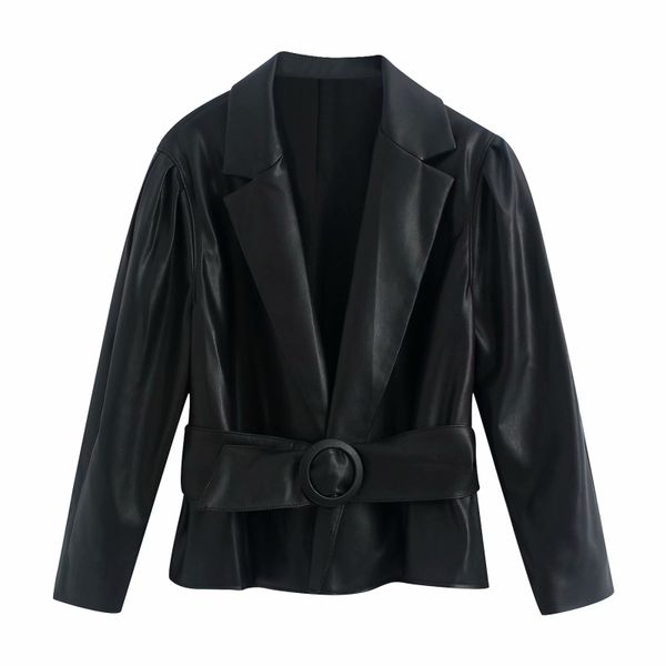 Урожай женщина черные кожаные головы короткие куртки весенние мода женские половые рукавы пальто женские крутые V шеи PU OUTWOOK 210515