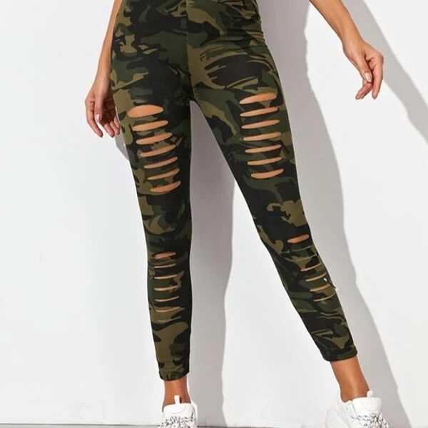 

women's leggings nine-point pants hollow out fashion milk silk printing camouflage army green small feet high waist women 2021, Black