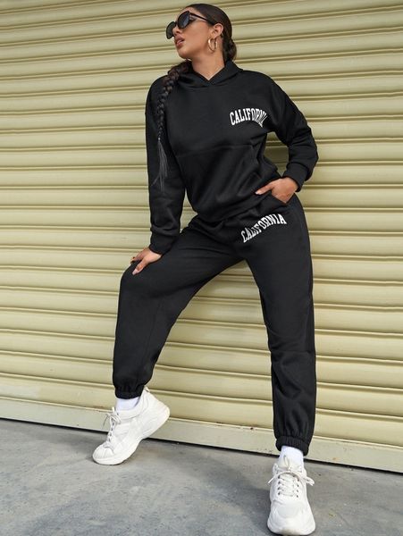 

kangaroo pocket letter graphic hoodie & sweatpants set r7vi#, White
