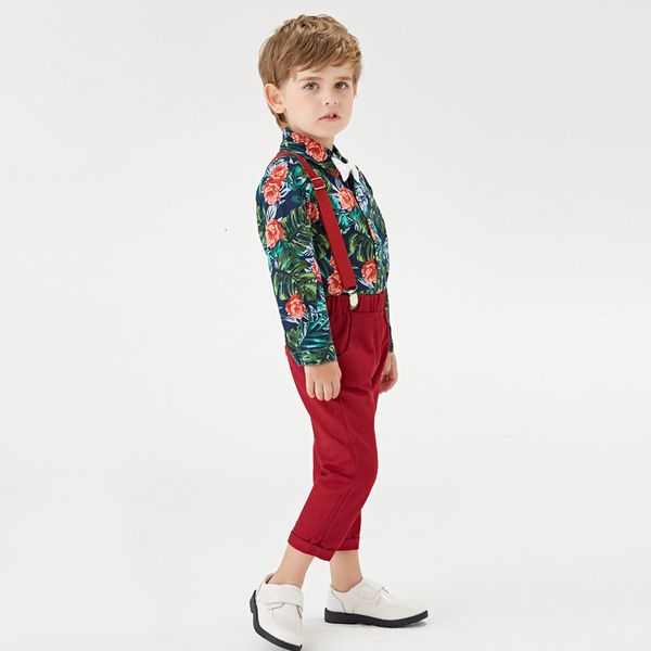 

boys' floral shirt and suspender two piece children's dress, Blue