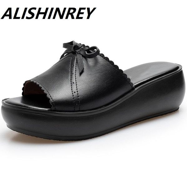 

slippers alishinrey 2021 summer women ladies shoes wedges heels fashion genuine leather platform, Black