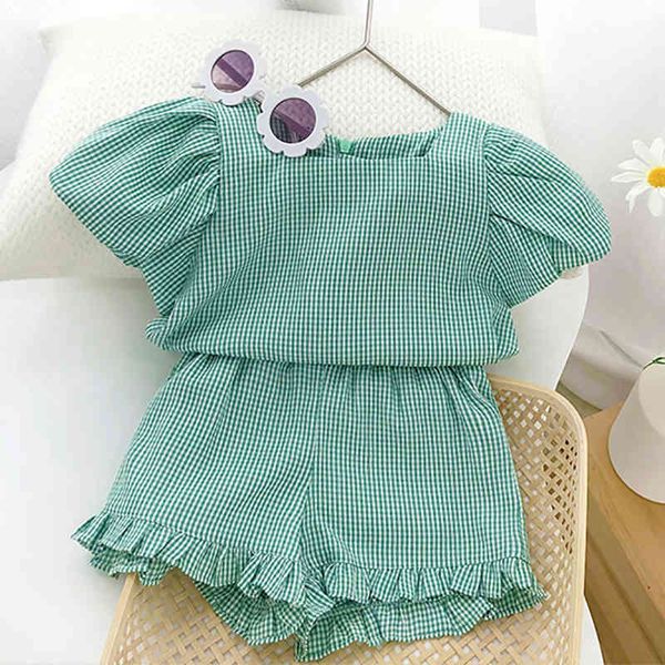 

kids clothes girls summer outfits holiday beach plaid bubble sleeve +shorts 2pcs children baby set 210515, White