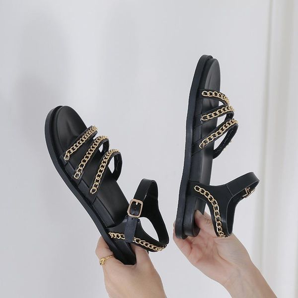 

roman sandals open toe low-heeled shoes with strap 2021 summer buckle all-match suit female beige gladiator peep girl, Black