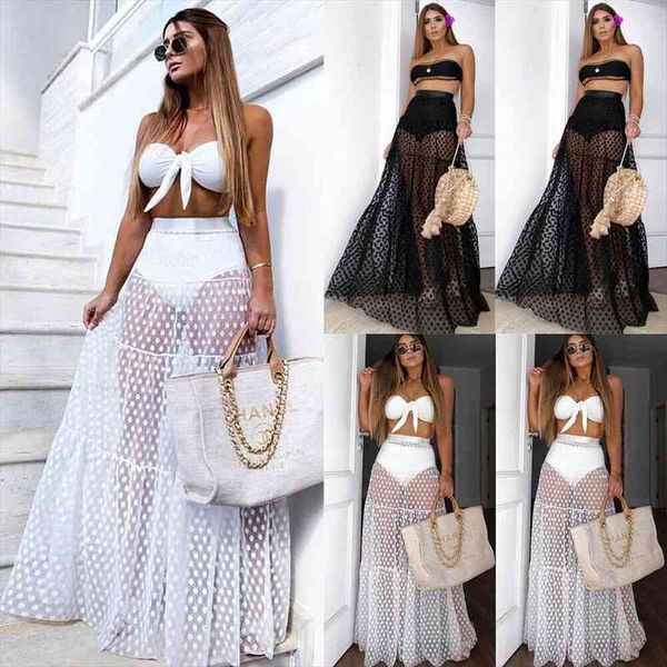 

summer swimwear women maxi skirt see through polka dot pleated retro swimsuit cover up elastic waist bathing skirts, White;black