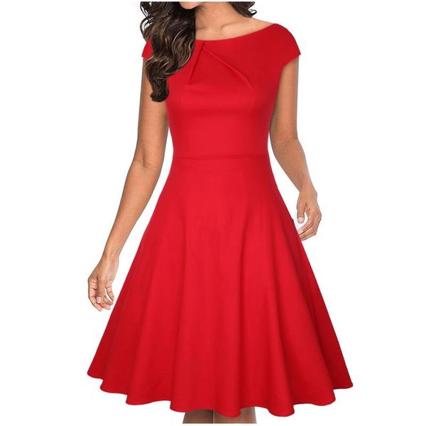 

casual dresses elegant ladies cocktail women swing party dress solid round neck short sleeve a-line midi vestidos female, Black;gray