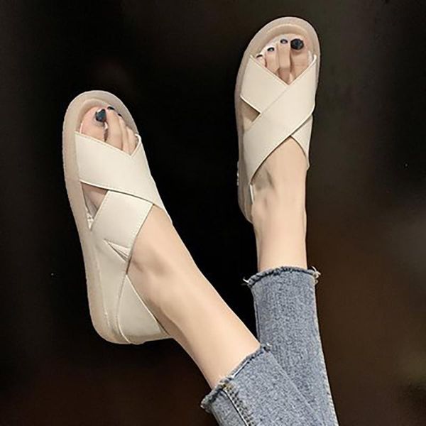 

summer woman ladies solid sandals cross tie elastic band flats women slip on women's shoes female beach footwear plus size, Black