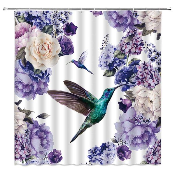 

hu ingbird flower hower curtain ro antic purple lilac ca ellia peony leaf violet floral bird pring nature fabric bath curtain