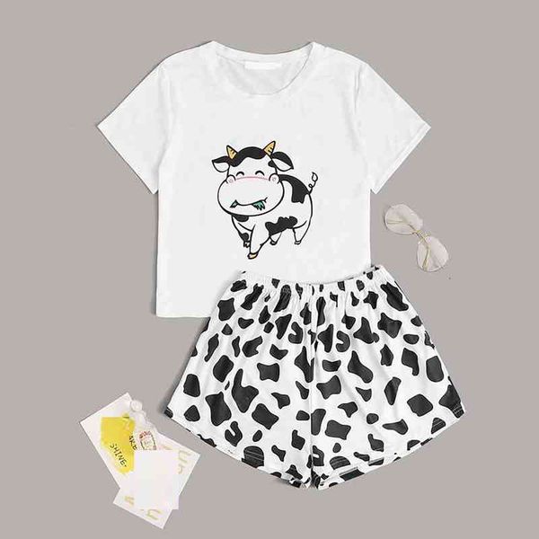 

womens sleepwear cute cow print short set pajamas for women set sweet short sleeve t shirts shorts summer pijama, Black;red