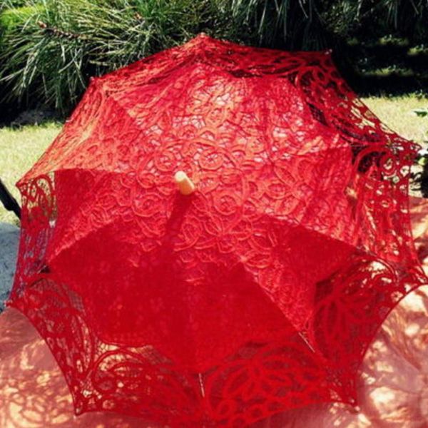 Fãs guarda-sóis casamento casamento guarda-chuva de algodão bordado vermelho branco marfim preto laço decorações de parasol