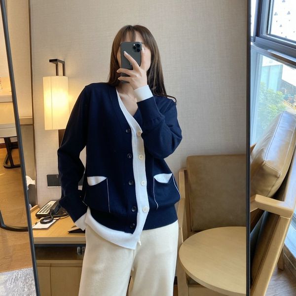 

8821 fake two matching cardigan korean version net red same irregular color contrast sweater, White