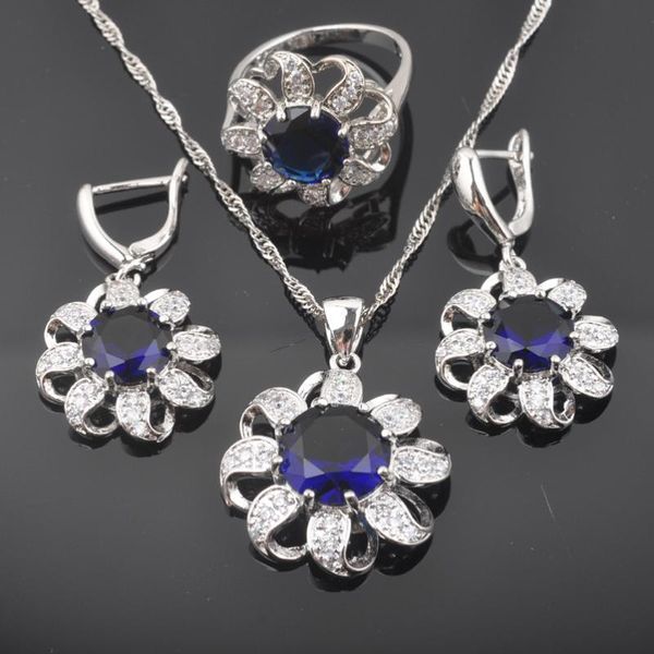 

earrings & necklace 2021 blue zircon women's silver color jewelry sets pendant rings brithday gift qz0351