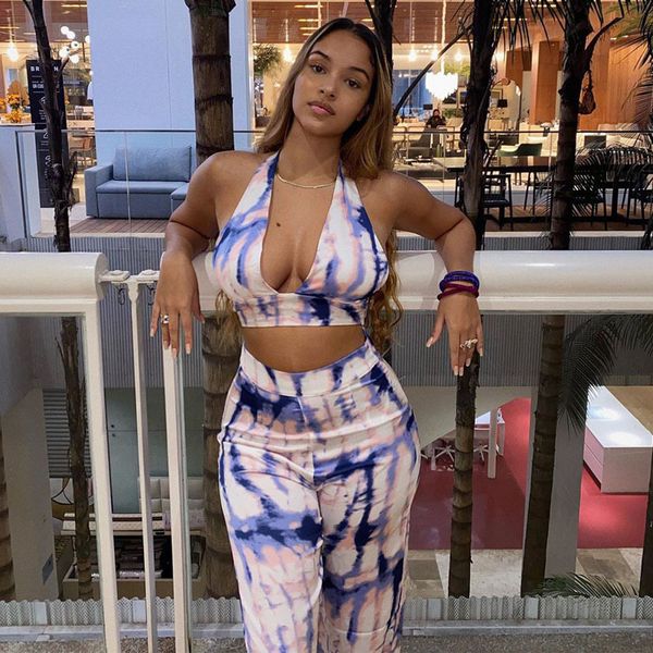 

skinny print halter 2 piece set crop and womens pants sporty fitness workout women suits 2021 casual lounge wearby air, Black;white