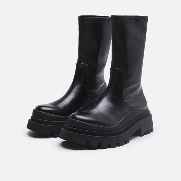 

boots 2021 autumn platform women round toe chunky heel slim ankle british style increase height black