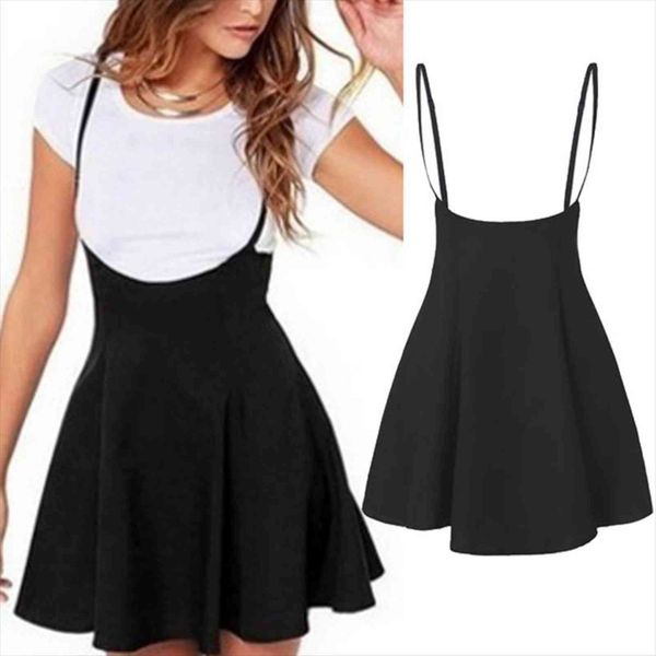 

pleated high waist strap mini women skirts skater overall flare suspender ruffles slim fit ladies clothing, Black