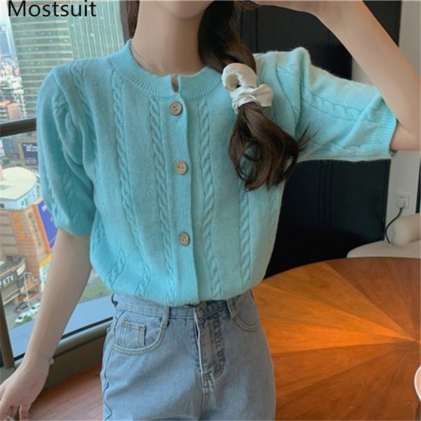 

korean twisted knitted cardigan women summer short sleeve o-neck single breasted elegant ladies sweater jumpers femme 210514, White