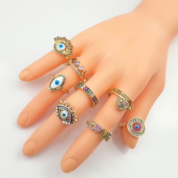 

cluster rings rainbow evil eye ring for women anello cuore gold love heart crown letter anel olho grego filled anillos arcoiris, Golden;silver
