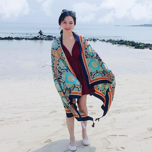 

scarves arrival fashion women's big shawl comfortable soft outdoor print summer spring sun protection scarf, Blue;gray