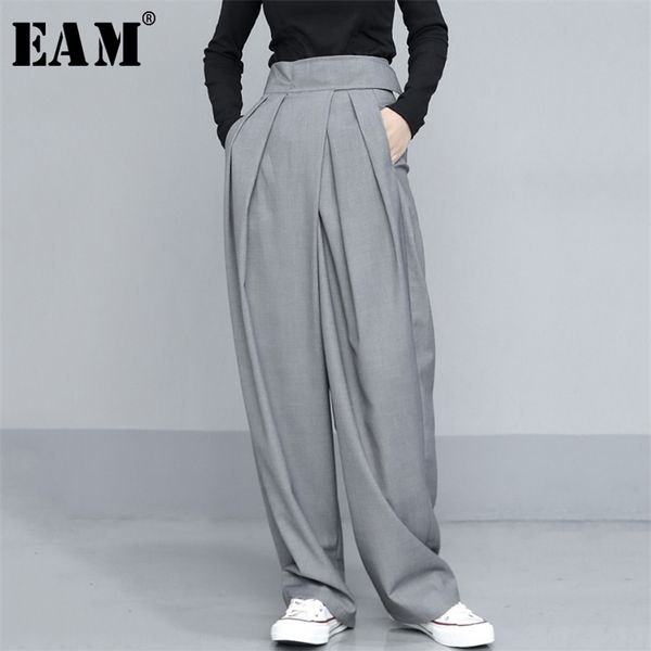 

[eam] high waist pleated gray brief long wide leg trousers loose fit pant fashion spring autumn 1t735 211007, Black;white