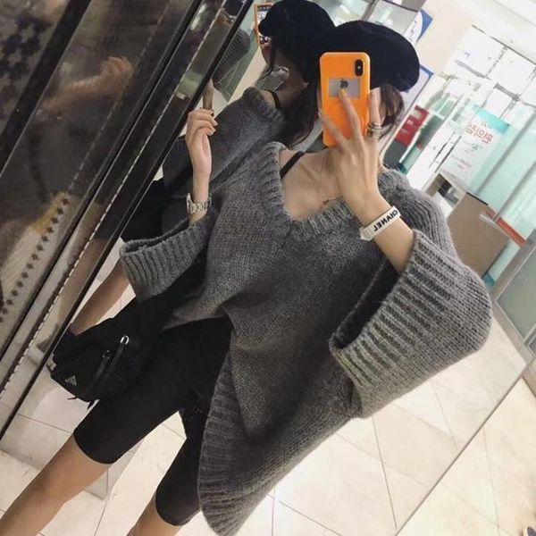 

women's knits & tees loose v-neck large sweater female 2021 autumn and winter outside, White
