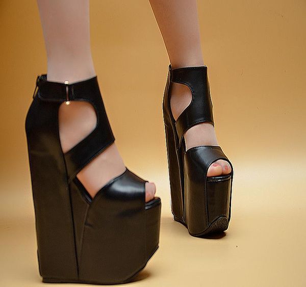 

summer ultra high heel fish mouth sandals wedge with thick bottom roman women's 17 cm simple heels, Black