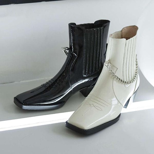 

boots 2021 winter shoes women's ankle genuine leather european style chain decorations handsome punk, Black