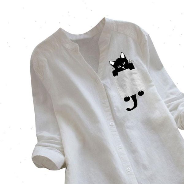 

cat linen long sleeve kawaii women blouses laple pocket down collared shirts spring woman clothes, White