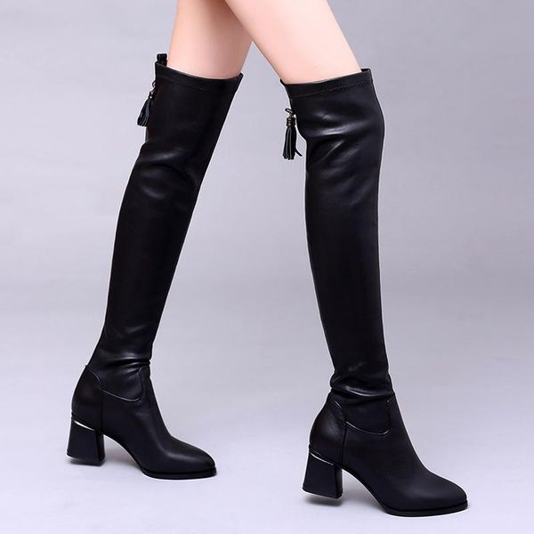 

boots european station women's knee high autumn and winter fashion thick heel elastic thin, Black