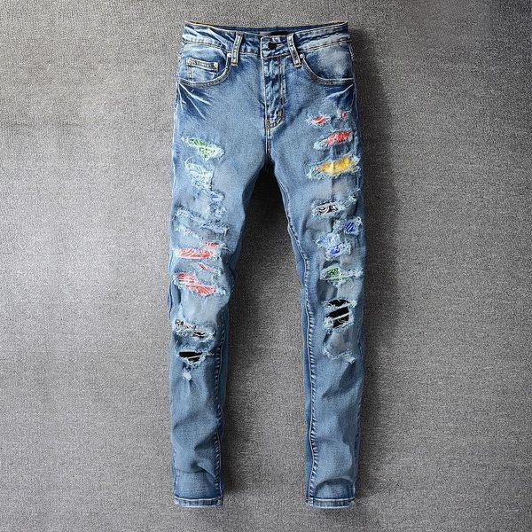 

men's jeans alta qualidade rasgado buraco azul calÃ§as de brim dos homens hip hop desginer cor retalhos marca jeans tamanho grande stree, Blue