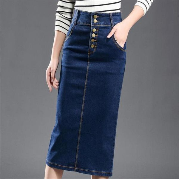 

large size denim elasticity women skirt high waist long split 7xl, Black