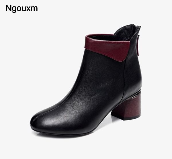 

boots ngouxm winter fashion women ankle low flat square toe hoof heels pu short plush ladies plus size 42, Black