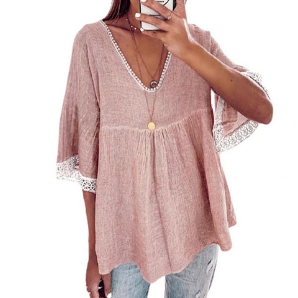 

women's blouses & shirts blouse women elegant 2021 splicing v-neck lace elbow sleeve female shirt clothing for spring black xxxl, White