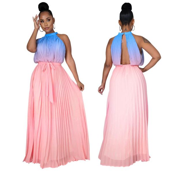 

casual dresses skmy womens arrival 2021 sleeveless halter neck gradient color pink long evening party ladies clubwear, Black;gray