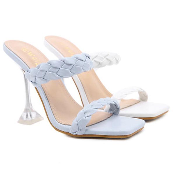 

dress shoes women sandals pu leather braided crystal thin high heel square toe slip on summer outdoor weave mules slides, Black