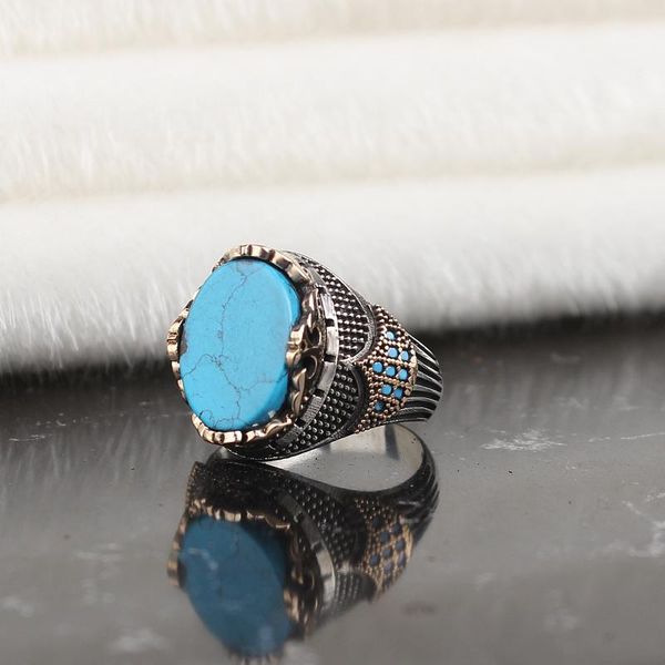 

cluster rings 925 sterling silver ring for men turquoise stone, jewelry fashion vintage gift onyx aqeq mens all size, Golden;silver