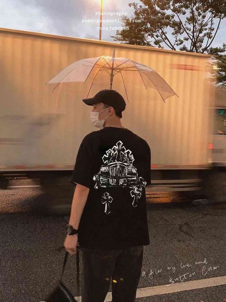 

croosin ins net red 2021 summer horseshoe print sanskrit cross hand painted casual t-shirt men and women with short sl, White;black